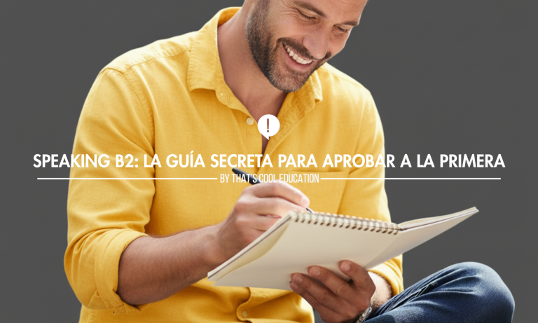 Hombre sonriente anota en una libreta la guía secreta para aprobar el Speaking del B2 de inglés en la academia That's Cool de L'Hospitalet.