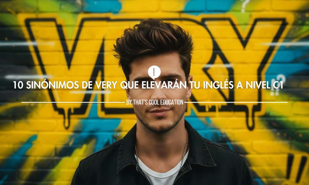 Joven con peinado moderno y chaqueta negra frente a un grafiti amarillo y azul que dice 'VERY'. Título superpuesto: '10 Sinónimos de Very que elevarán tu inglés a Nivel C1 - by That's Cool Education