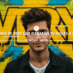 Joven con peinado moderno y chaqueta negra frente a un grafiti amarillo y azul que dice 'VERY'. Título superpuesto: '10 Sinónimos de Very que elevarán tu inglés a Nivel C1 - by That's Cool Education