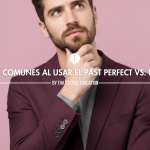 Chico moderno con barba, traje color vino y cuello alto gris, pensando o con dudas sobre gramática, sobre un fondo rosa claro. Imagen para artículo de errores de Past Perfect en la academia That's Cool de L'Hospitalet.