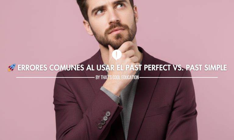 Chico moderno con barba, traje color vino y cuello alto gris, pensando o con dudas sobre gramática, sobre un fondo rosa claro. Imagen para artículo de errores de Past Perfect en la academia That's Cool de L'Hospitalet.