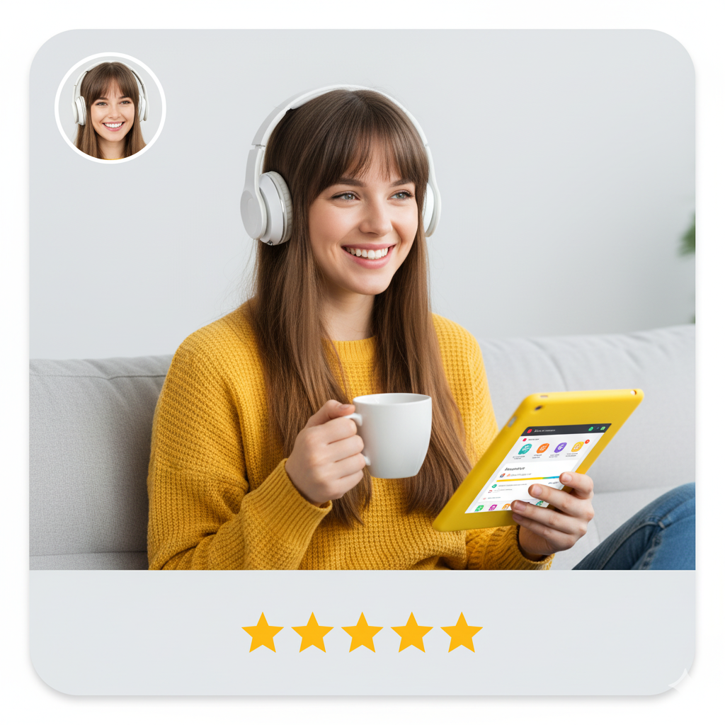 Mujer joven sonriendo en el sofá con auriculares, tomando café y usando una tablet para estudiar inglés con That's Cool.