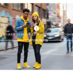 dos adolescentes 17 años con ropa amarilla urbana mirando móvil. Estructura gramatical TikTok inglés moderno.