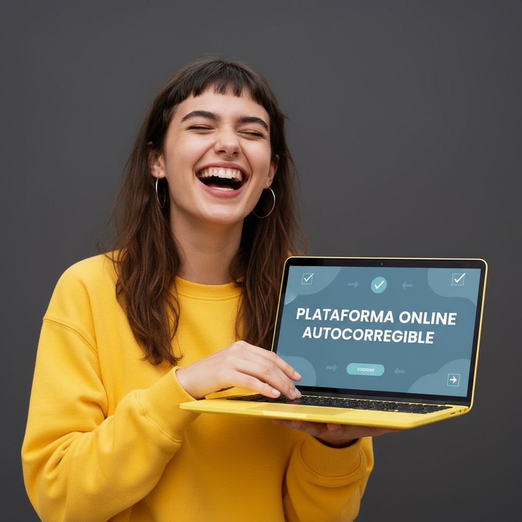 Mujer joven sonriendo y riendo, sosteniendo un portátil amarillo con el texto "Plataforma Online Autocorregible" para cursos de inglés