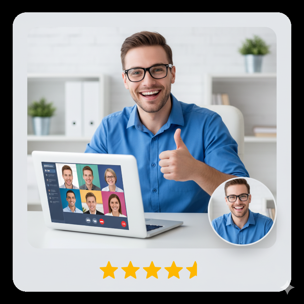 Hombre profesional sonriendo y mostrando un "pulgar arriba" después de una clase de inglés por videollamada de That's Cool.