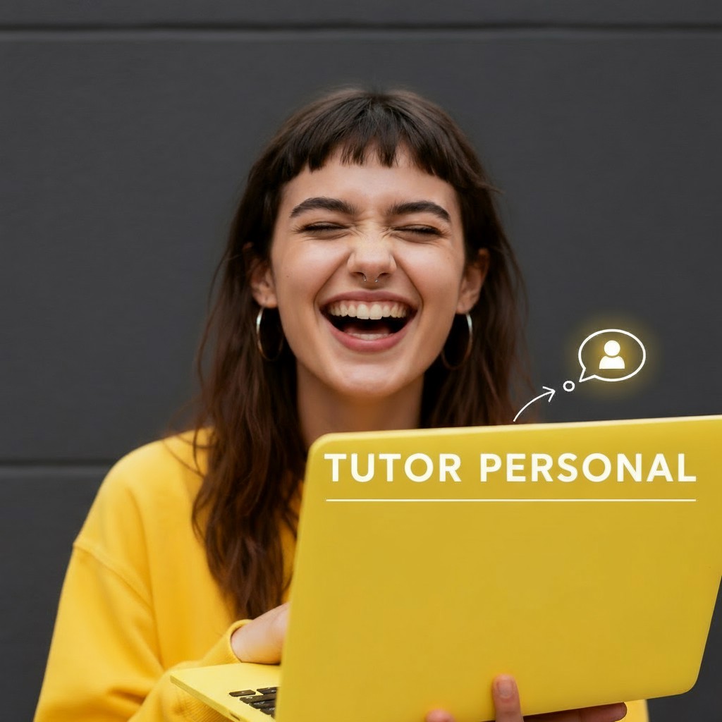 Mujer joven riendo y mirando su portátil amarillo con el texto "Tutor Personal" e icono de chat, representando el apoyo en un curso de inglés.