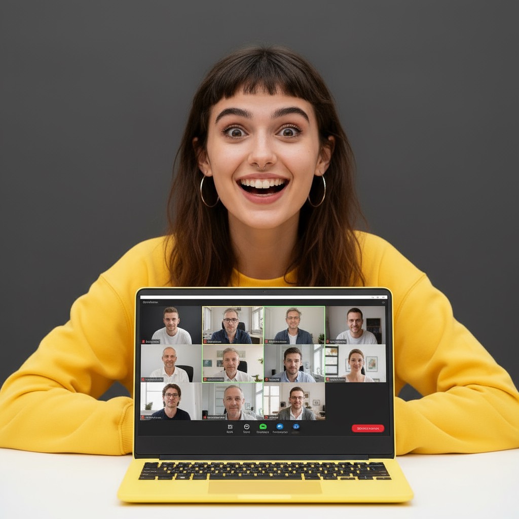 Mujer joven muy feliz frente a un portátil mostrando una videollamada con varias personas, representando clases de speaking de inglés online/presenciales.