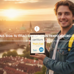 Estudiante con certificado Cambridge B2 para el Erasmus 2026 frente a una ciudad europea.