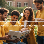 Un grupo de cuatro jóvenes sonrientes sentados en un jardín exterior con edificios de ladrillo al fondo, vestidos con ropa de color amarillo corporativo y leyendo juntos un libro de inglés, representando la comunidad de aprendizaje de That's Cool Education.