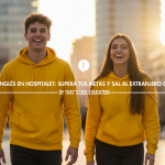 Dos jóvenes de 18 años con sudaderas amarillas sonriendo en la Plaza Europa de Hospitalet de Llobregat, con los edificios modernos difuminados al fondo.