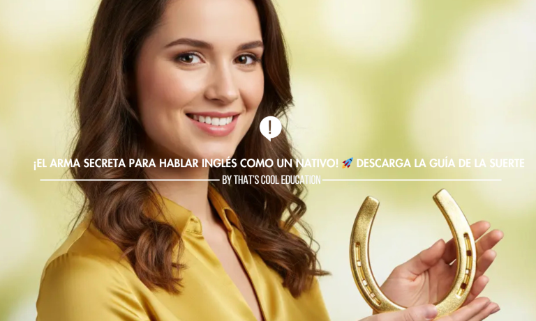 Estudiante de la academia de inglés en Hospitalet That's Cool sosteniendo una herradura dorada para promocionar el ebook de vocabulario para desear suerte en inglés.